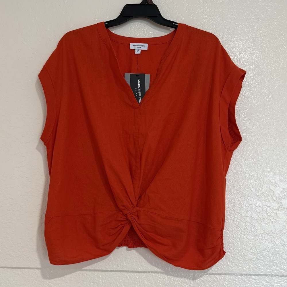 Marc New York Jeans Top Womens‎ 2X Orange Linen Blend Twist Front Boho